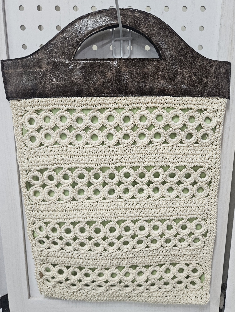 Icing Cream Crochet Tote Purse with Brown Handle Green Fully Lined